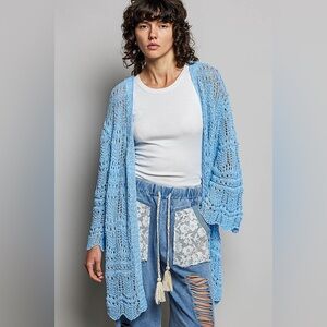 POL Openwork Lightweight Open Front Cardigan with Scalloped Edge